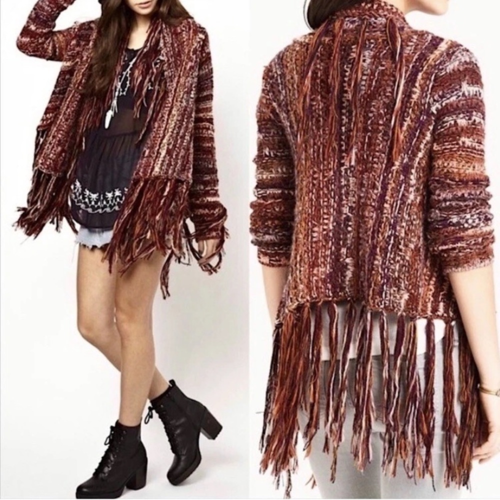 Free People Birkenstock Fringe Knit Alpaca and Wool Drape Cardigan M Boho Indie - Picture 3 of 8